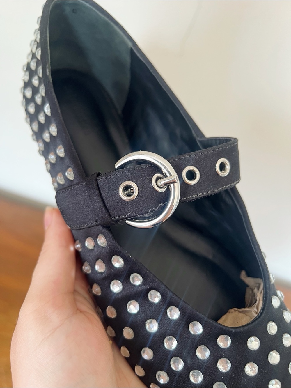 Reformation • Bethany Ballet Flat mary jane black silk rhinestone crystal stud - Picture 9 of 14